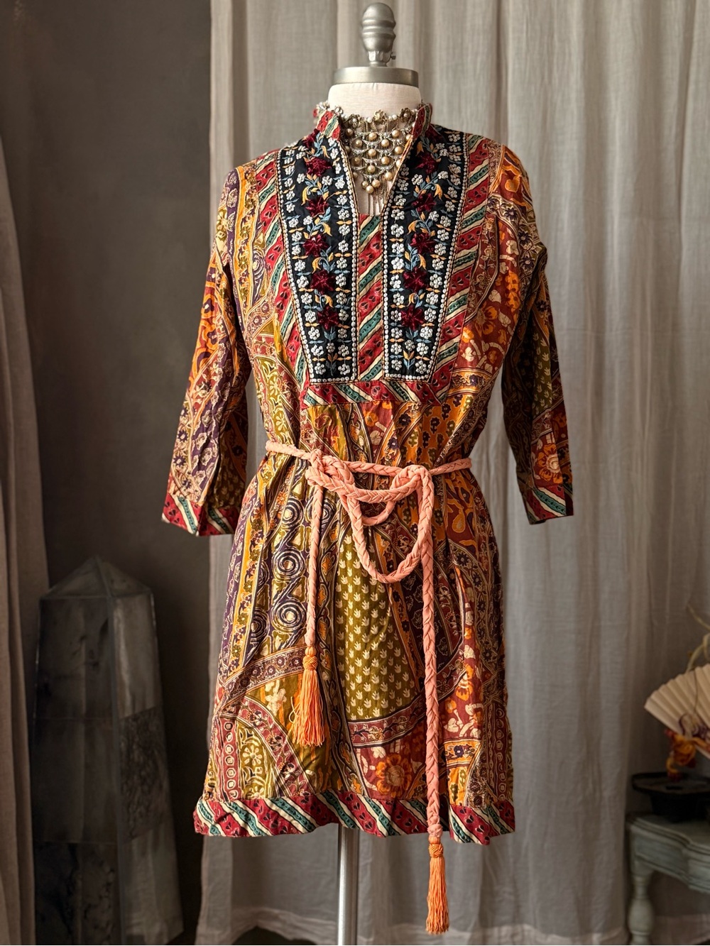 Vintage Indian Multicolored boho dress with floral velvet embroidery detailing
